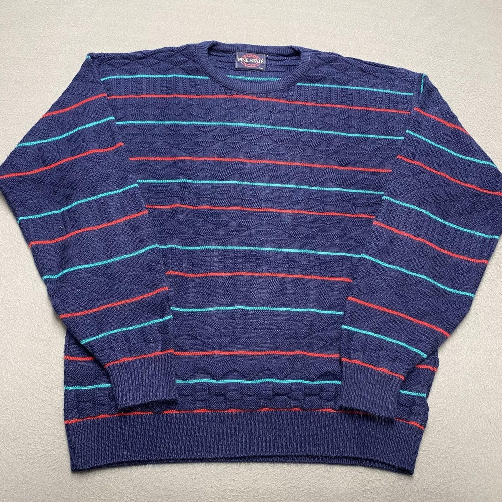 VINTAGE‎ Pine State Sweater Mens Large Navy Striped Crewneck Made in USA 90s